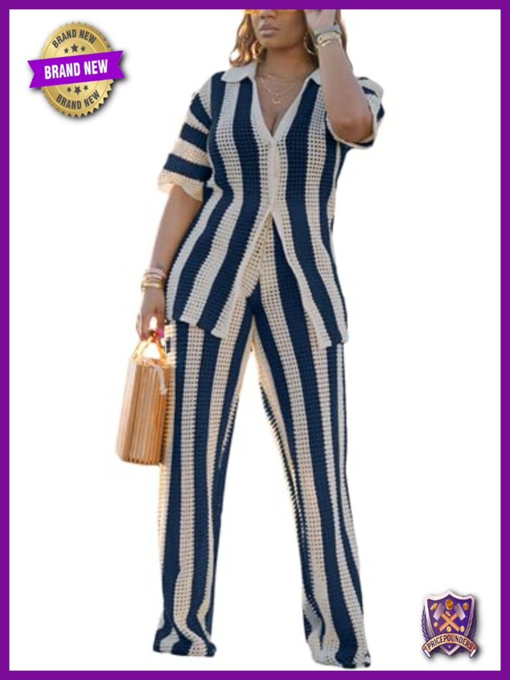 Women Striped Knit 2 Piece Outfit Cardigan Wide Leg Pants Set